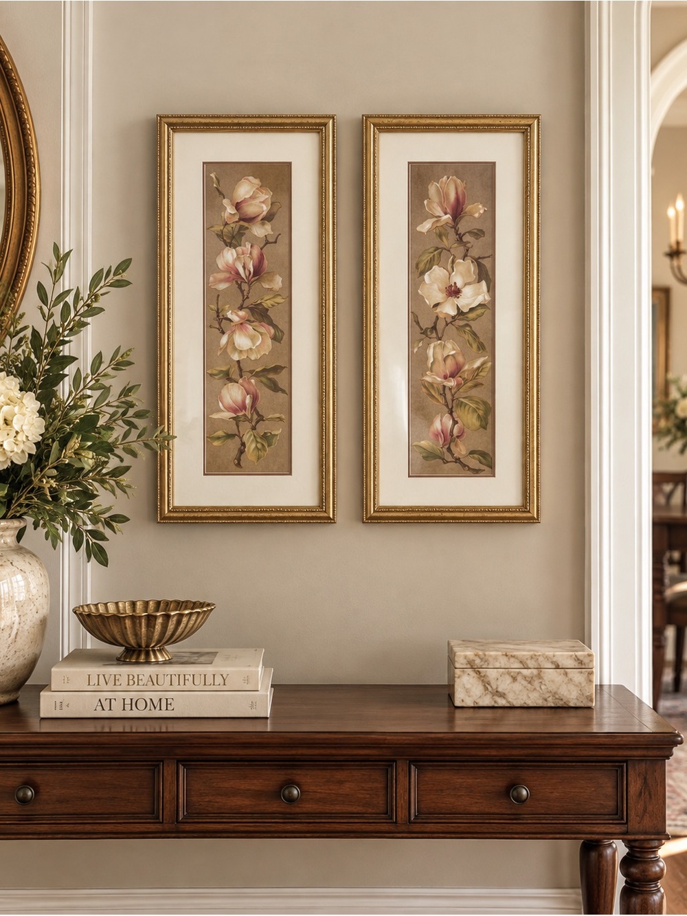 Set of 2 Framed Magnolia Floral Prints Gold Frames Vintage Botanical Decor